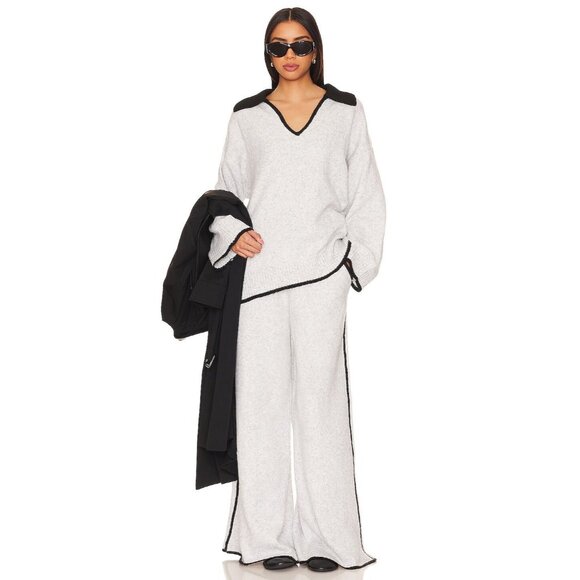 WeWoreWhat Piped Wide Leg Pull On Knit Pants Heathered Grey & Black - Picture 4 of 4